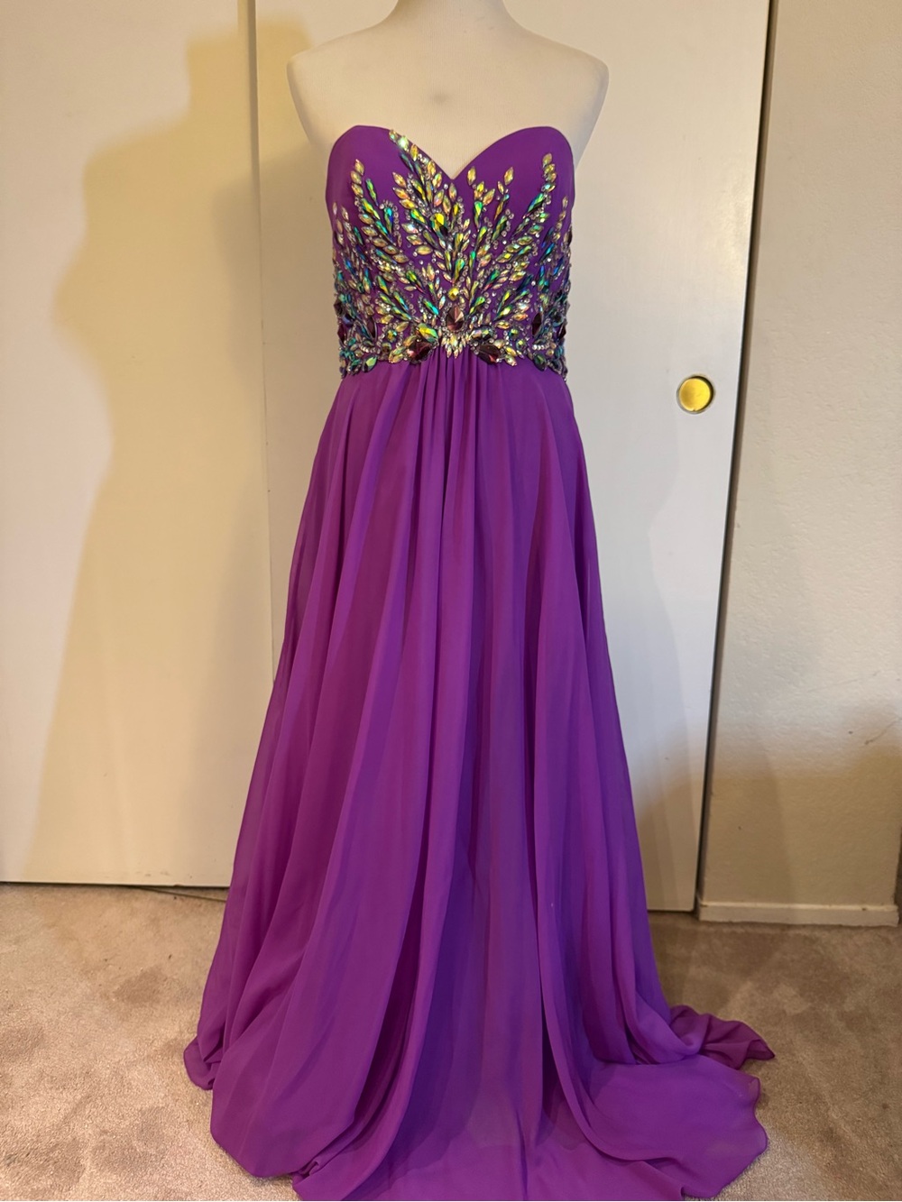 Strapless Purple Evening Gown with Iridescent Embellished Bodice Size 8